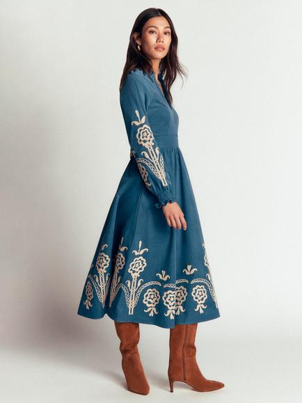 Boden Smocked Cord Midi Dress, Blue, Blue