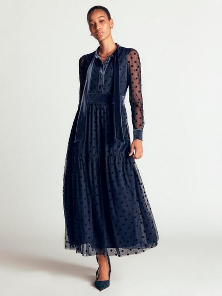Boden Tie Neck Tiered Tulle Maxi Dress, Navy, Navy