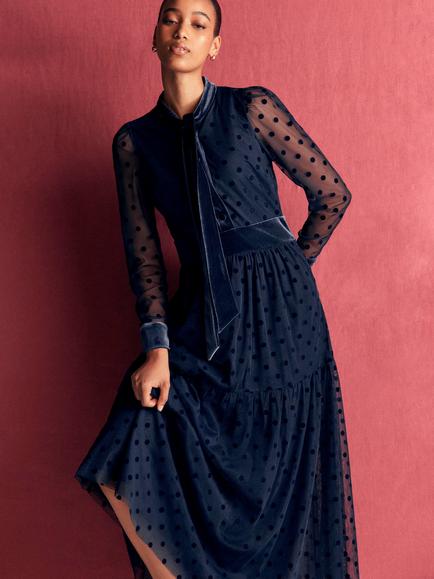 Boden Tie Neck Tiered Tulle Maxi Dress, Navy - view 2, Navy