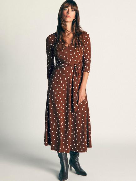 Boden Polka Dot Tie Waist Ponte Midi Dress, Brown/Multi, Brown/Multi