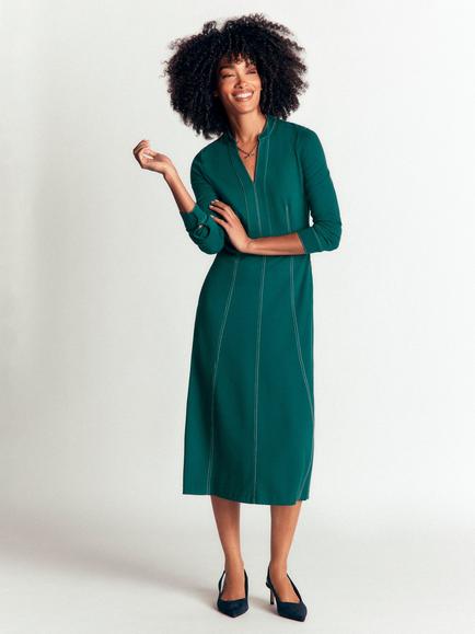 Boden Alex Ponte Contrast V-Neck Midi Dress containing LENZING™ ECOVERO™ Viscose, Midnight Ocean