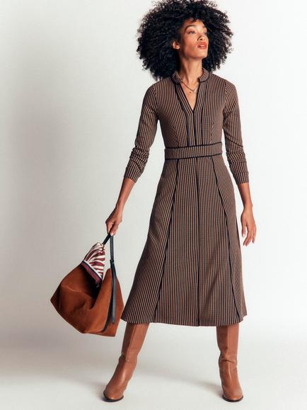 Boden Alex Ponte Contrast V-Neck Midi Dress, Navy/Camel, Navy/Camel