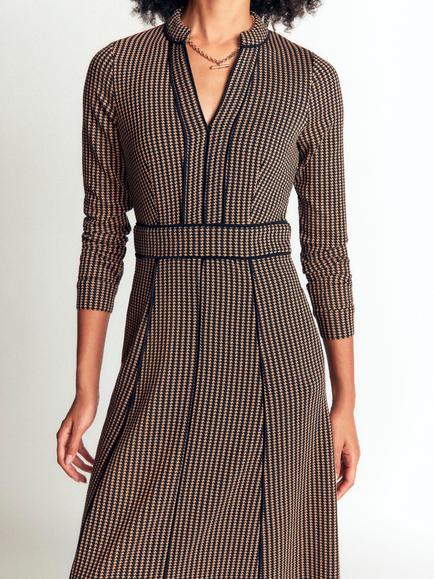 Boden Alex Ponte Contrast V-Neck Midi Dress, Navy/Camel - view 2, Navy/Camel
