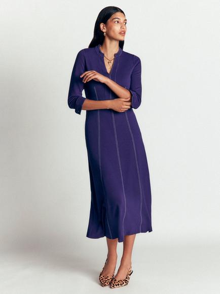 Boden Alex Ponte Contrast V-Neck Midi Dress containing LENZING™ ECOVERO™ Viscose, Zodiac Purple