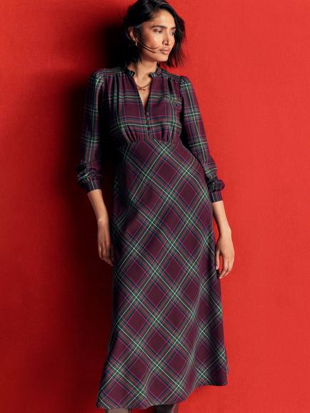 Boden Cassie Check Tea Midi Dress, Navy/Camel, Maroon/Olive