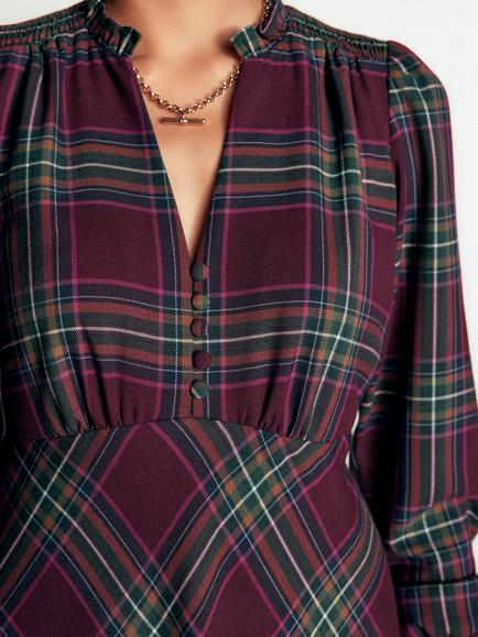 Boden Cassie Check Tea Midi Dress, Navy/Camel - view 2, Maroon/Olive