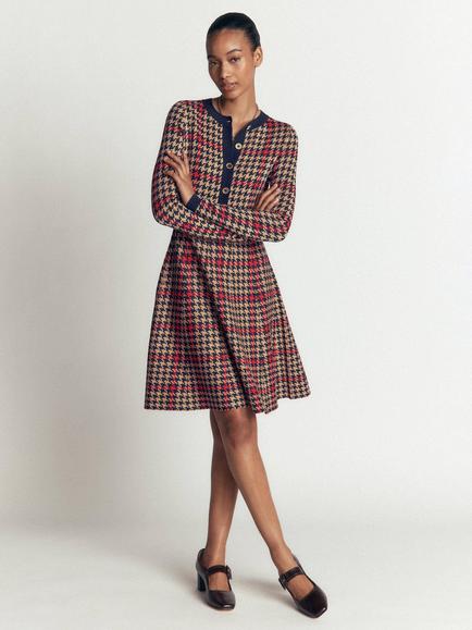 Boden Dogtooth Flared Knee Length Dress, Navy/Multi, Navy/Multi