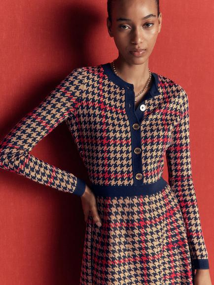 Boden Dogtooth Flared Knee Length Dress, Navy/Multi - view 2, Navy/Multi
