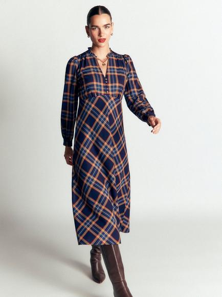 Boden Cassie Check Tea Midi Dress, Navy/Camel, Navy/Camel