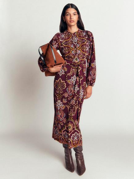 Boden Eli Cotton Blend Belted Floral Midi Shirt Dress, Cherry Flora, Cherry Flora