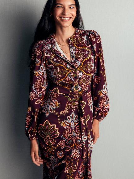 Boden Eli Cotton Blend Belted Floral Midi Shirt Dress, Cherry Flora - view 2, Cherry Flora