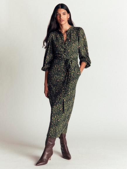 Boden Eli Cotton Blend Midi Shirt Dress, Green/Multi, Green/Multi