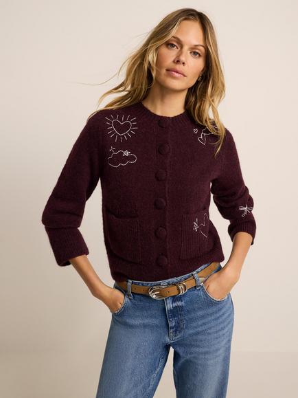 Mint Velvet Wool Blend Motif Knit Cardigan, Burgundy - view 2, Burgundy