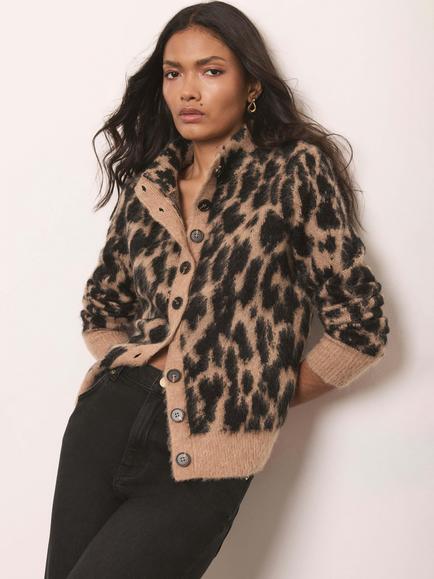 Mint Velvet Animal Print Knit Cardigan, Natural/Brown, Natural/Brown
