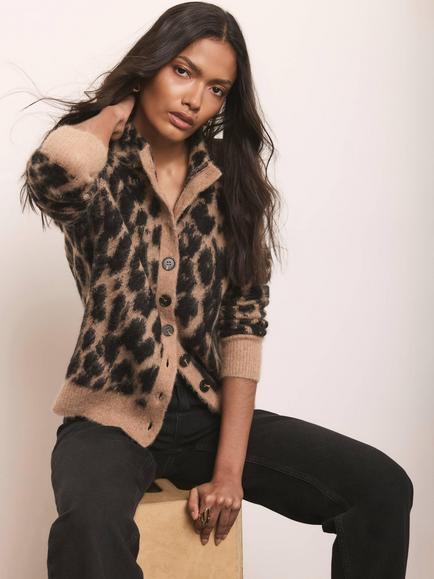 Mint Velvet Animal Print Knit Cardigan, Natural/Brown - view 2, Natural/Brown