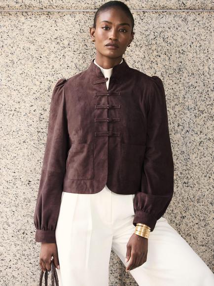 Mint Velvet Stand Collar Jacket, Brown - view 2, Brown