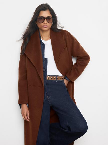 Mint Velvet Wool Blend Waterfall Hand Finished Coat, Brown, Brown