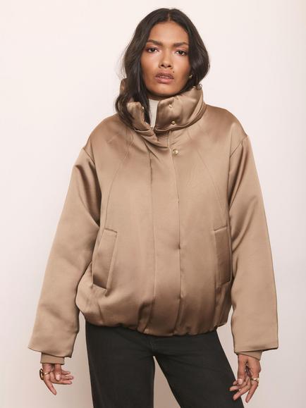 Mint Velvet Funnel Neck Satin Bomber Jacket, Gold, Gold