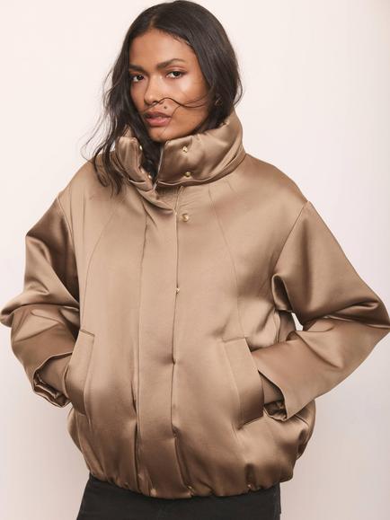 Mint Velvet Funnel Neck Satin Bomber Jacket, Gold - view 2, Gold