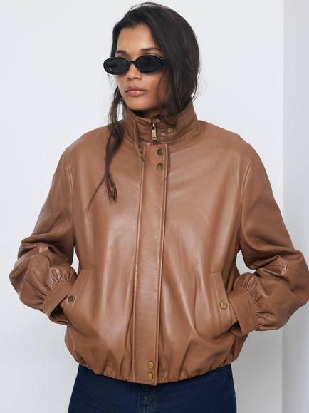 Mint Velvet Funnel Neck Faux Leather Bomber Jacket, Brown, Brown
