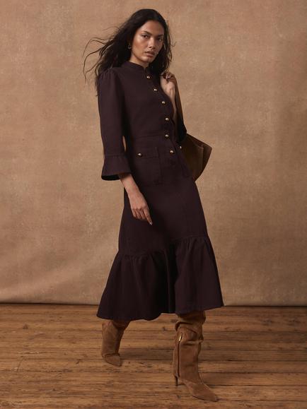 Mint Velvet Denim Midi Shirt Dress, Red Burgundy - view 2, Red Burgundy