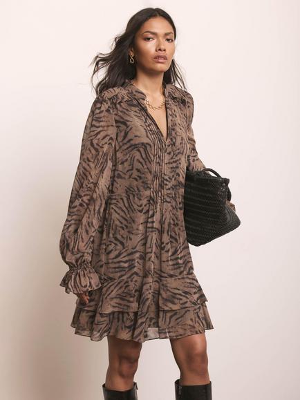 Mint Velvet Animal Print Ruffle Mini Dress, Brown, Brown