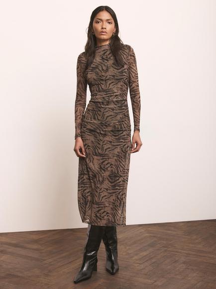 Mint Velvet Animal Print Mesh Midi Dress, Brown, Brown