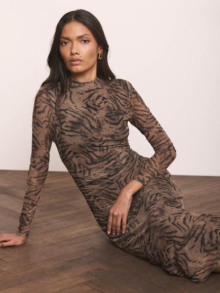 Mint Velvet Animal Print Mesh Midi Dress, Brown - view 2, Brown