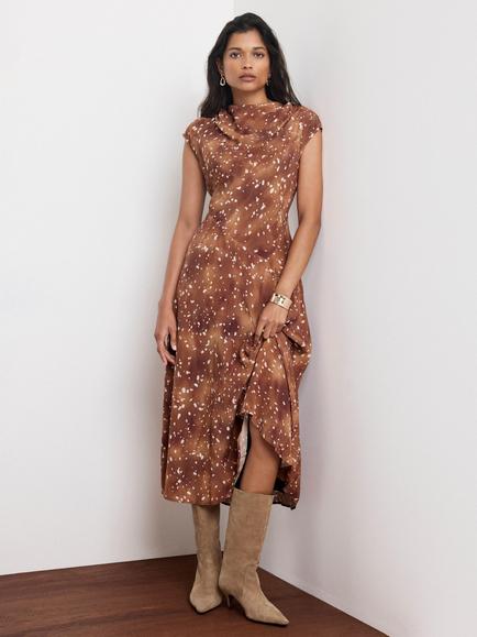 Mint Velvet Draped Asymmetric Midi Dress, Brown