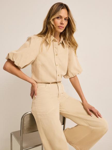Mint Velvet Denim Puff Sleeve Shirt, Natural, Natural