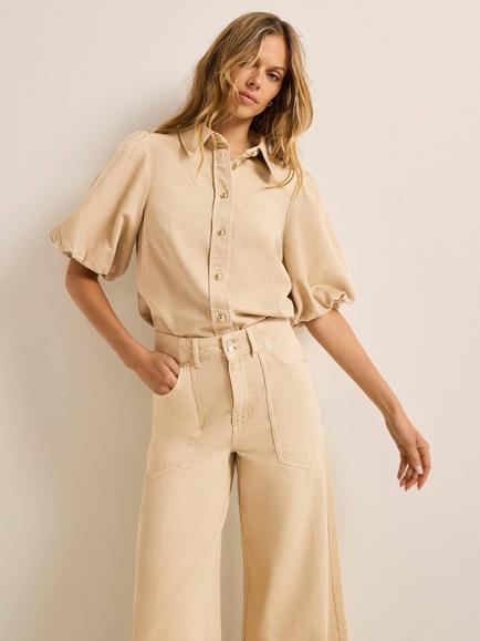 Mint Velvet Denim Puff Sleeve Shirt, Natural - view 2, Natural