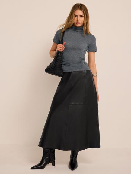 Mint Velvet Leather Full Midi Skirt, Black, Black