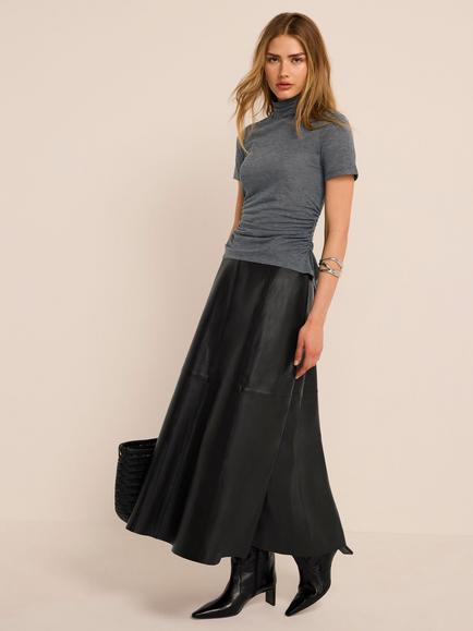 Mint Velvet Leather Full Midi Skirt, Black - view 2, Black