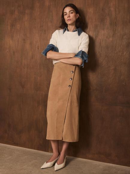 Mint Velvet Suede Wrap Midi Skirt, Tan, Tan