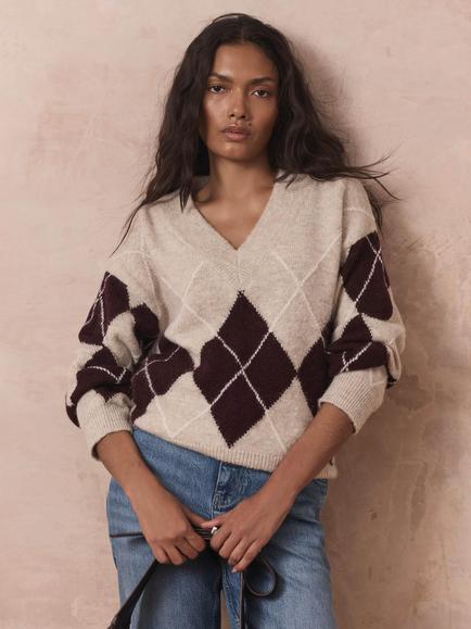 Mint Velvet Argyle V-Neck Jumper, Natural, Natural