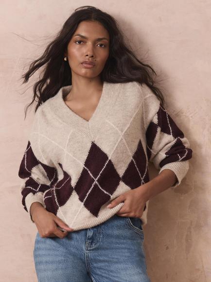 Mint Velvet Argyle V-Neck Jumper, Natural - view 2, Natural