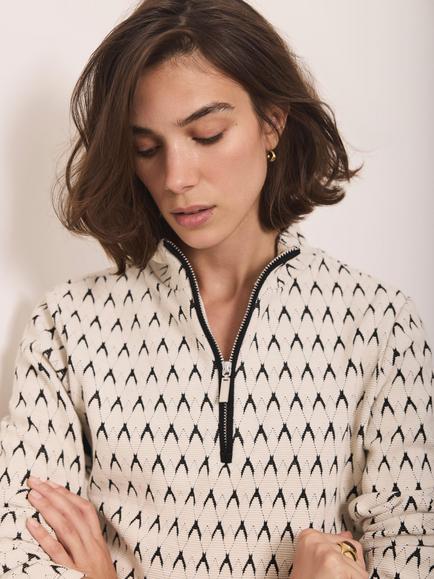 Mint Velvet Jacquard Half Zip Top, Beige/Black - view 2, Beige/Black