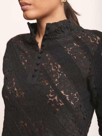 Mint Velvet Lace Button Detail Top, Black - view 2, Black