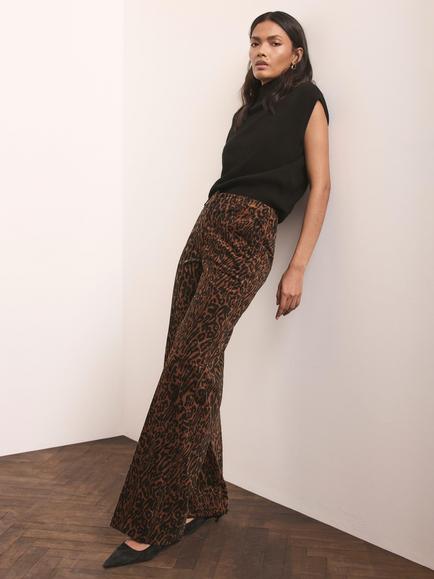 Mint Velvet Leopard Print Velvet Wide Trousers, Brown/Camel, Brown/Camel