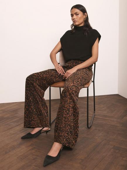 Mint Velvet Leopard Print Velvet Wide Trousers, Brown/Camel - view 2, Brown/Camel