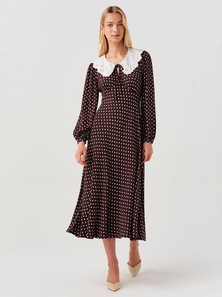 Ghost Claire Spot Collared Midi Dress, Brown, Brown