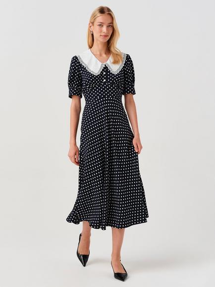 Ghost Irene Polka Dot Collared Midi Dress, Navy, Navy
