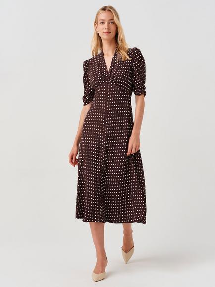 Ghost Mia Spot V-Neck Midi Dress, Brown