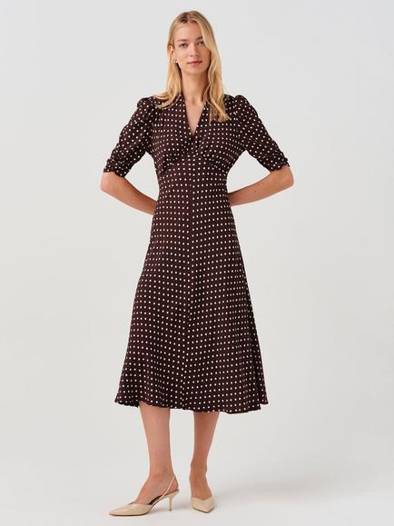 Ghost Mia Spot V-Neck Midi Dress - view 2, Brown
