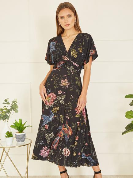 Yumi Bird and Floral Print Midi Dress, Black