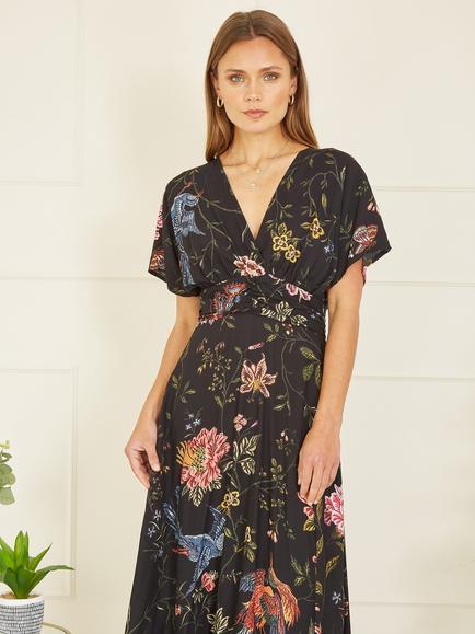 Yumi Bird and Floral Print Midi Dress - view 2, Black