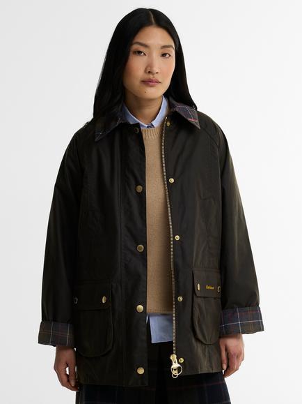 Barbour Icons Tartan Collar Modern Beadnell Wax Jacket, Olive/Classic, Olive/Classic