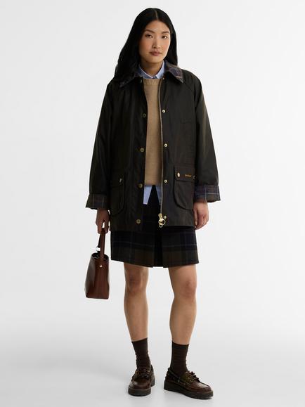 Barbour Icons Tartan Collar Modern Beadnell Wax Jacket, Olive/Classic - view 2, Olive/Classic