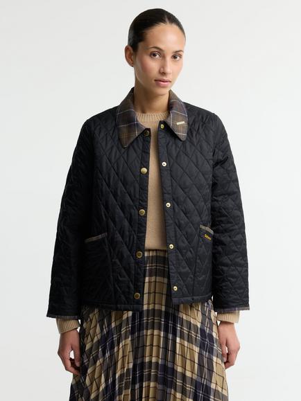 Barbour Icons Tartan Collar Cropped Liddesdale Quilted Jacket, Black/Classic, Black/Classic