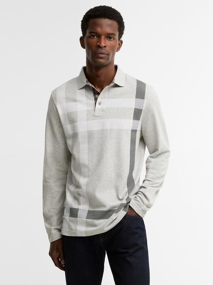Barbour Blaine Tartan Long Sleeved Polo Shirt, Grey Marl, Grey Marl